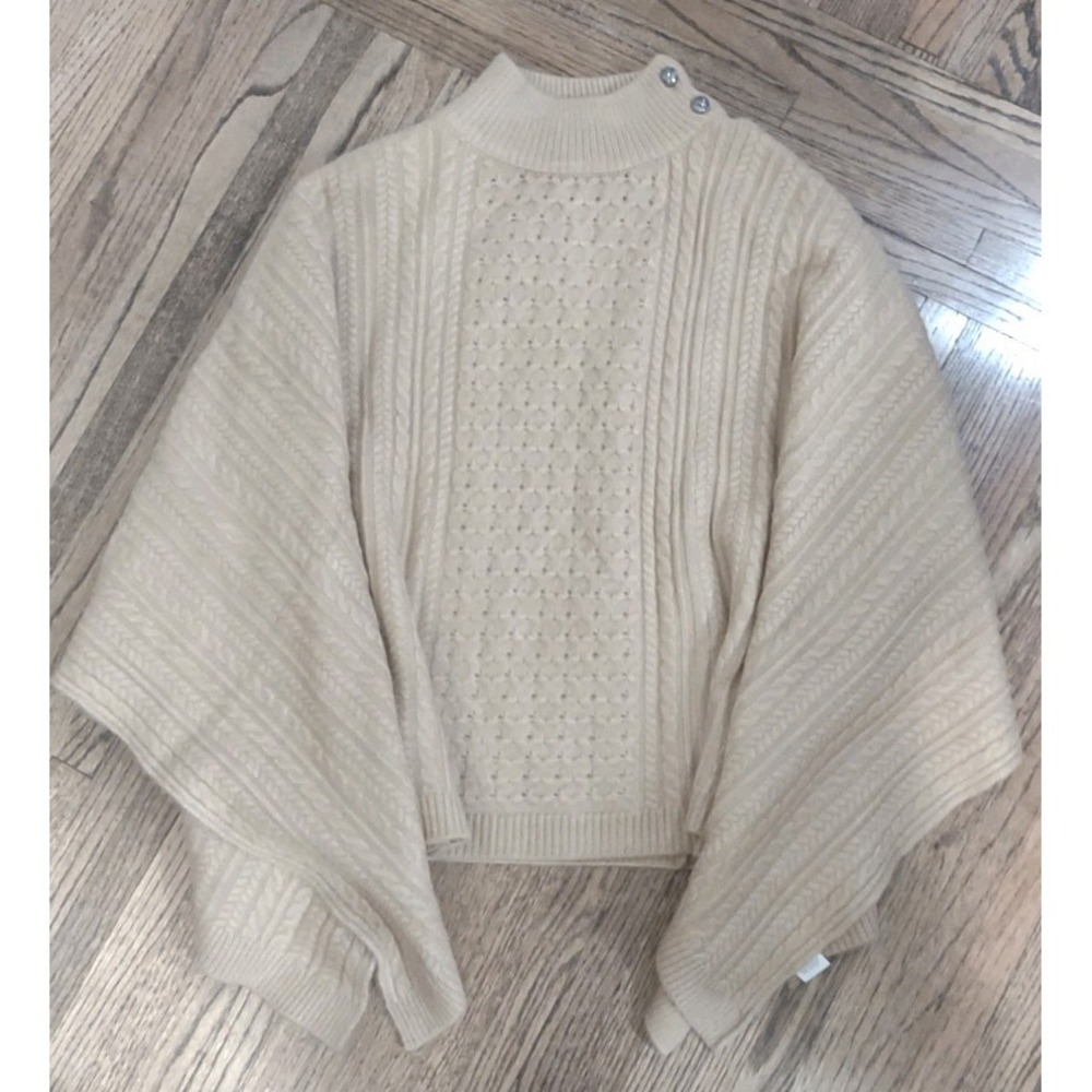 Elie‎ Tahari Cable Knit Mock Neck Sweater - Tan Beige Crystal Button Detail - L